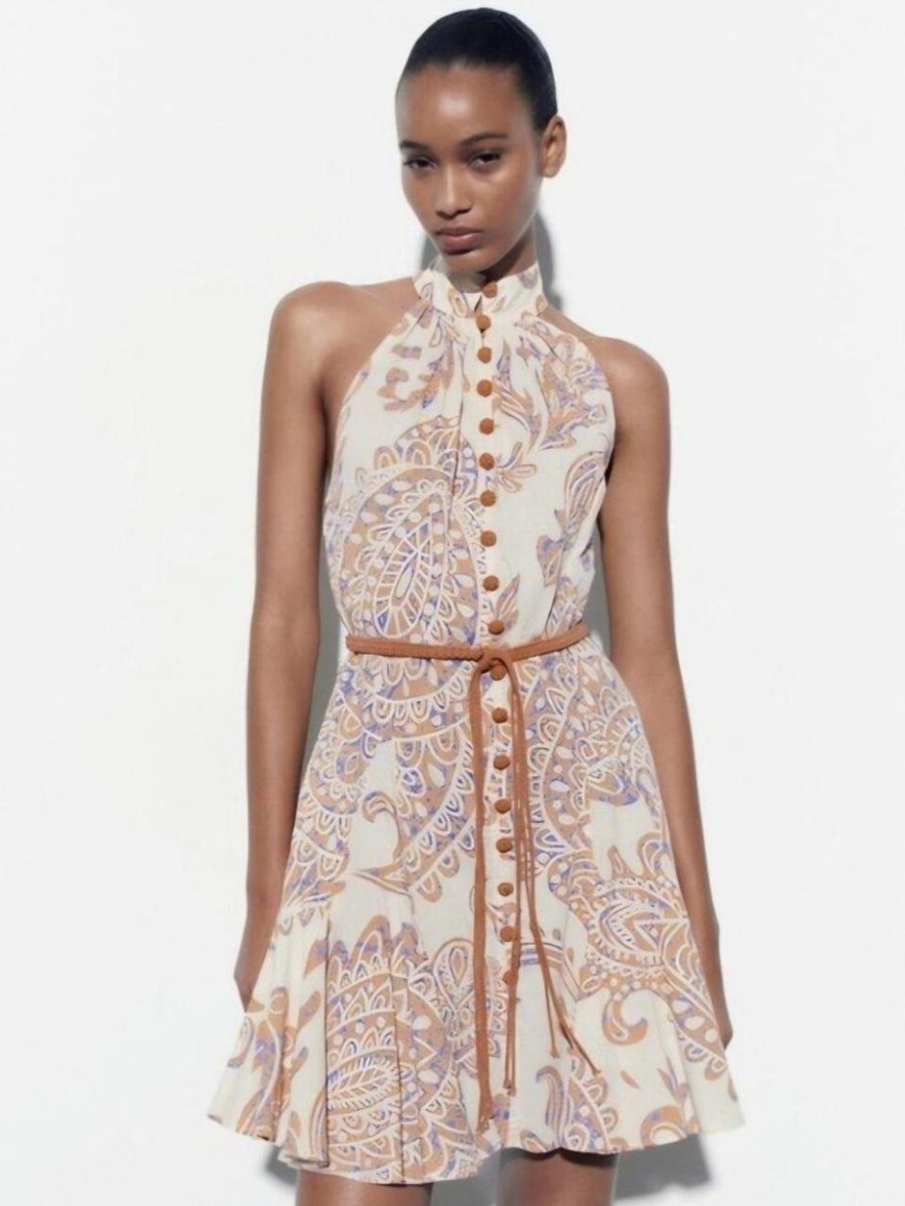 ZARA Sleeveless Cream Paisley Halter Dress with Tan Belt